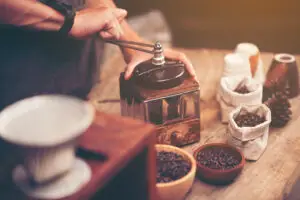 coffee dripping process, vintage filter coffee grinding
